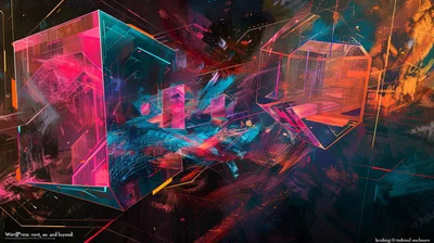 Midjourney prompt - "WordPress next, and beyond: breaking the technical enclosure", abstract, polygon, mathematical, eerie, pure, minimalist, joyful, hopeful, pop art, neon