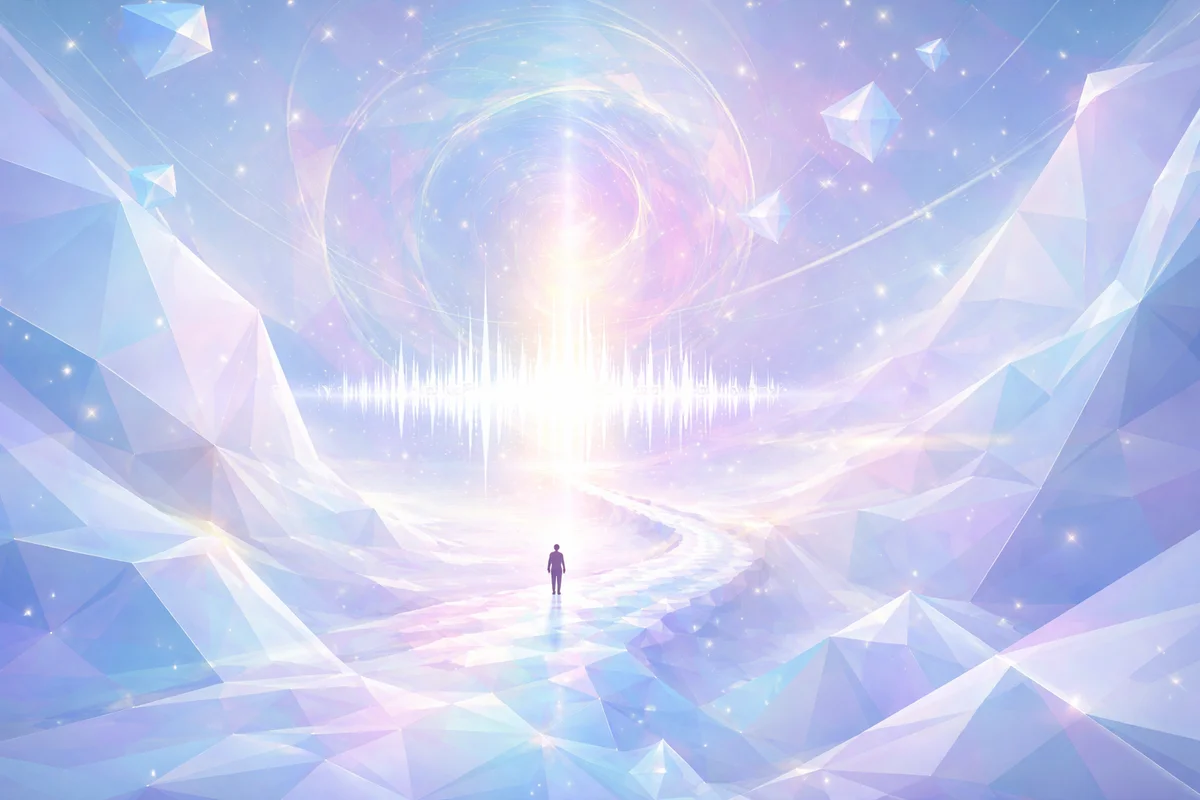 ChatGPT | Void to voice: transformative journey. Abstract, polygon, mathematical, eerie, pure, minimalist, joyful, hopeful, pastel. Metaphysics. 1800x1000